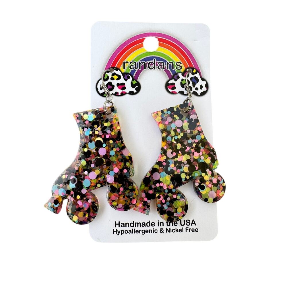 Randans Roller Skate Glitter Acrylic Dangle Earrings Confetti Retro NWT